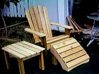 Homemade Aderondack Chair, Ottoman, Table